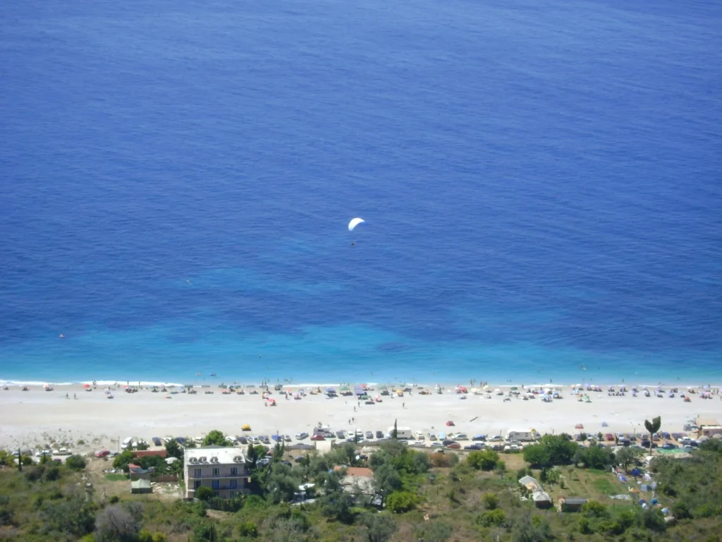 Panoramic view of Dhërmi Beach on the Albanian Riviera