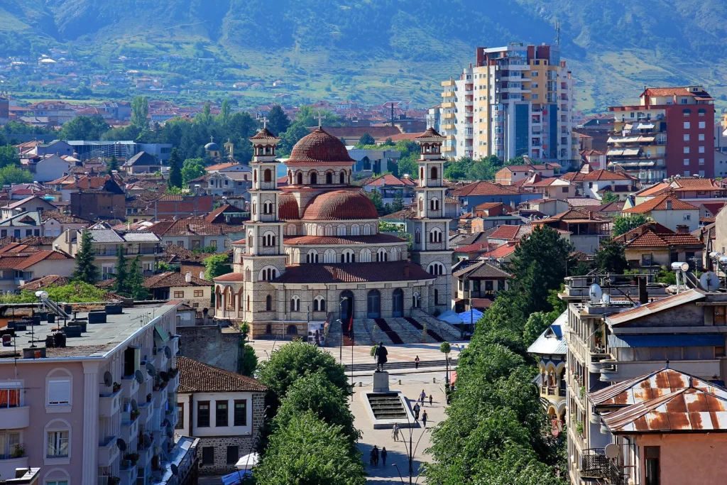 Korçë city centre and Resurrection Cathedral in Albania