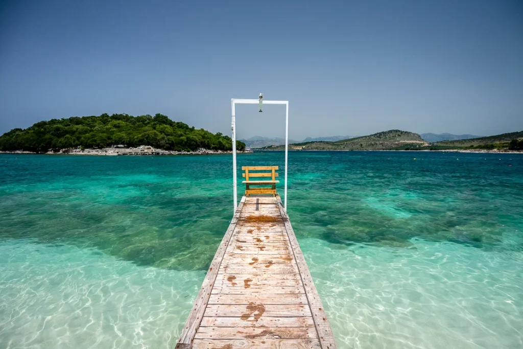 Turquoise water, beach and islets at Ksamil, Albania