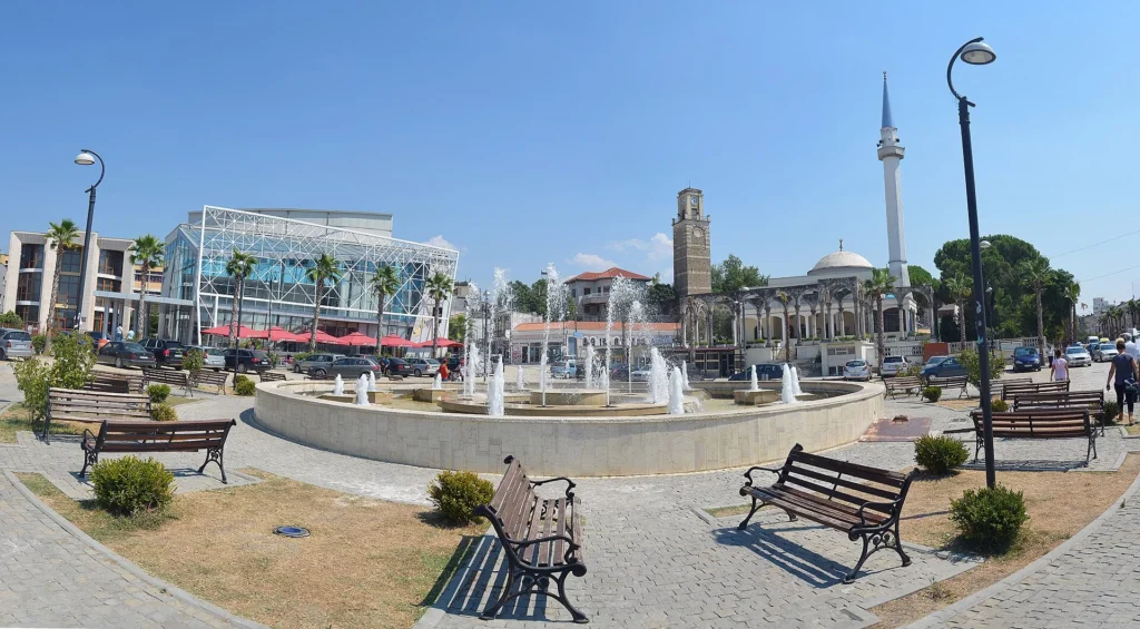 Kavajë main square with the mosque and clock tower