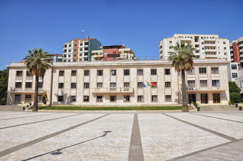Town hall and central square in Lushnjë, Albania