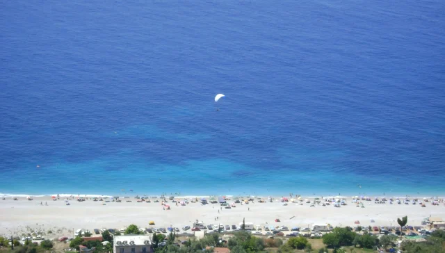 Panoramic view of Dhërmi Beach on the Albanian Riviera