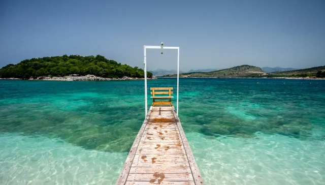 Turquoise water, beach and islets at Ksamil, Albania